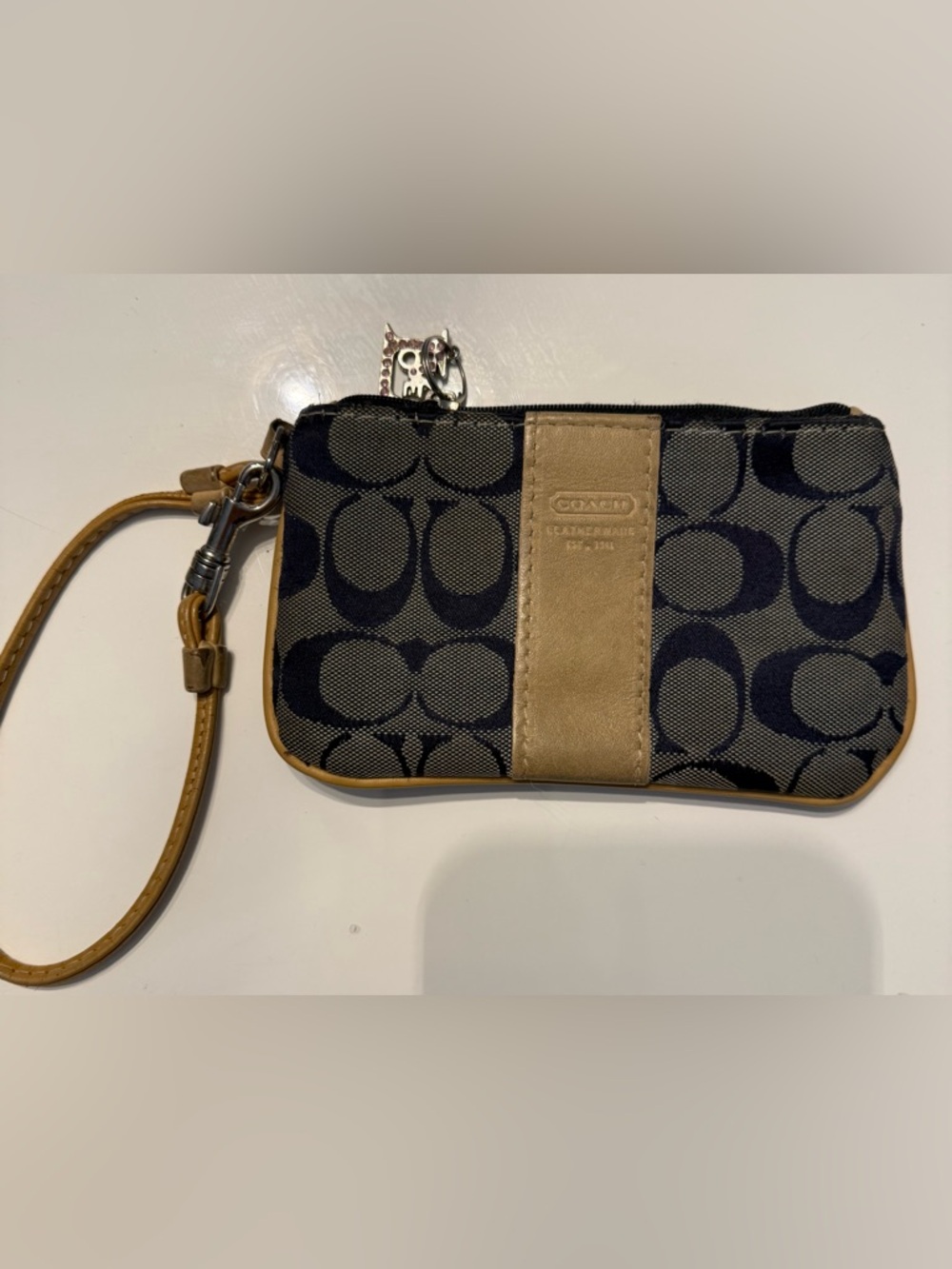 Coach Navy Canvas and Tan Leather Wristlet with Charm